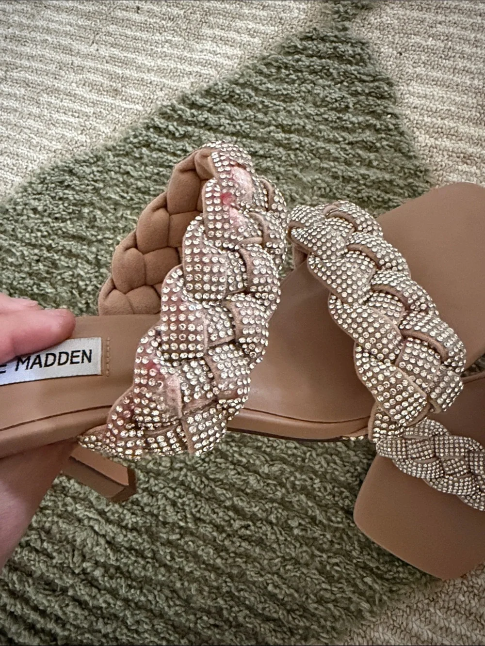 Steve Madden Tan Braided Crystal-Embellished Slide Sandals